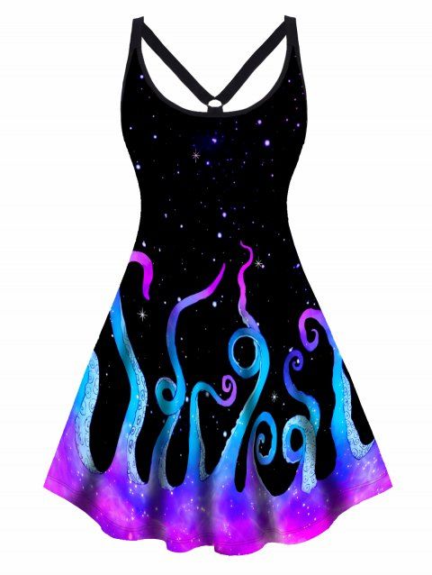 Plus Size Dress Galaxy Octopus Print Cut Out High Waisted A Line Mini Dress