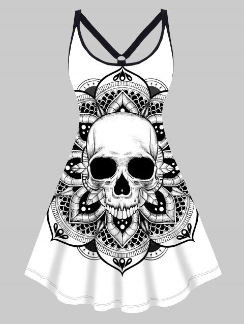 Plus Size & Curve Dress Skull Flower Print Mini Dress Sleeveless Cami Dress