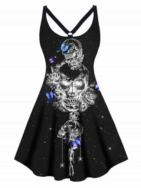 Skull Skeleton Butterfly Flower Print Plus Size Mini Dress Sleeveless A Line Cami Dress