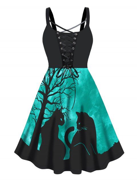 Plus Size Dress Contrast Colorblock Cat Tree Branches Print Lace Up High Waisted A Line Midi Dress