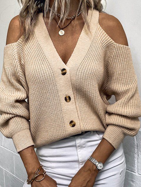 Textured Sweater Cold Shoulder Sweater Plain Color Long Sleeve Button Up Sweater