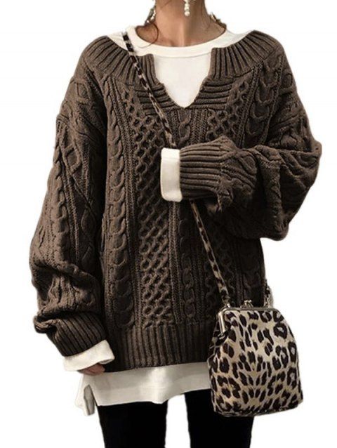 Cable Knit Drop Shoulder Chunky Sweater Solid Notched Ribbed Hem Loose Pullover Sweater