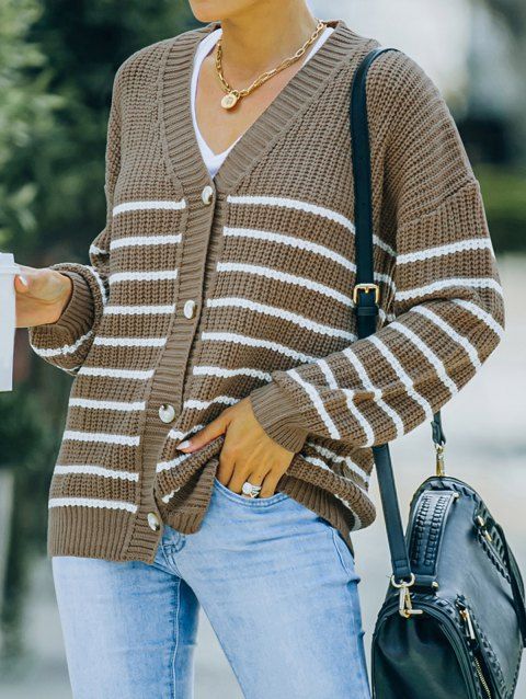 Striped Pattern Sweater V Neck Long Sleeve Button Up Sweater
