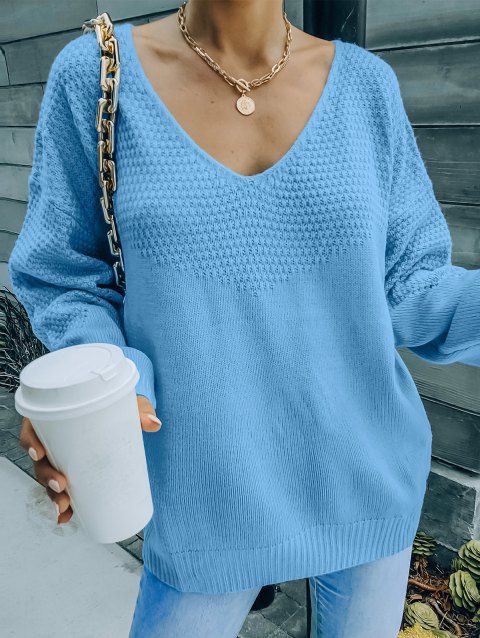 Drop Shoulder Sweater Solid Color Long Sleeve V Neck Ribbed Hem Sweater