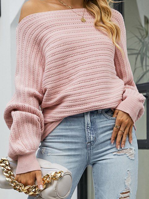 Pastel Sweater Textured Skew Neck Sweater Long Sleeve Sweater