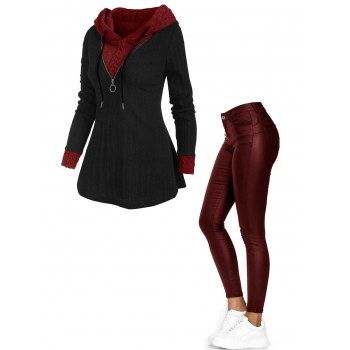 

Two Tone Hooded Zip Embellished Sweater And Zipper Fly Pockets PU Pants Casual Outfit, Multicolor