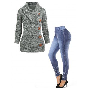 

Space Dye Mock Buttons Knit Top And Faux Denim Tirbal 3D Print Jeggings Casual Outfit, Multicolor