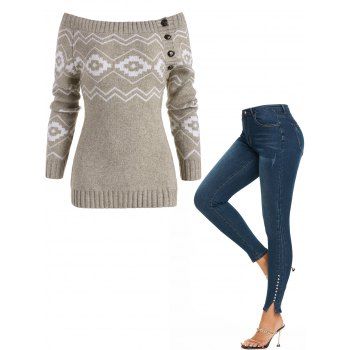 Off Shoulder Button Side Zig Zag Geometric Sweater And Studded Slit Jeans Casual Outfit