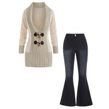 

Colorblock Horn Button Plunging Sweater And Zipper Fly Patch Pockets Flare Jeans Casual Outfit, Multicolor