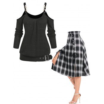 Cold Shoulder Chain Detail Buckle Strap T Shirt And Plaid Print Lace Up Split Skirt Casual Outfit
