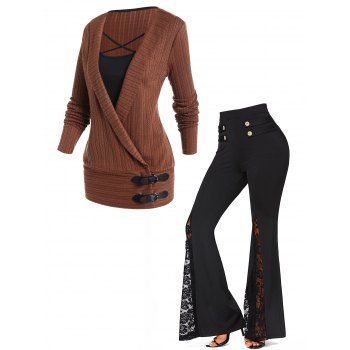 

Stripe Leaf Textured Knit Crisscross Buckles Surplice Twofer Top And Lace Panel Bell Bottom Pants Casual Outfit, Multicolor