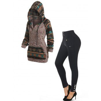 

Tribal Pattern Graphic Raglan Sleeve Hooded Sweater And Mock Button Wide Elastic Waist Skinny Leggings Outfit, Multicolor