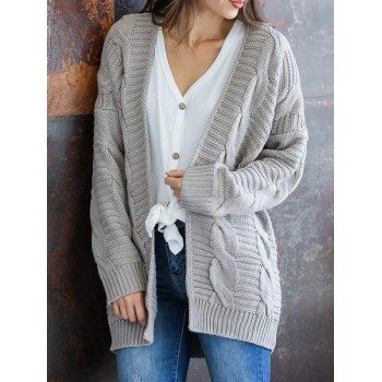 

Cable Knit Sweater Textured Open Front Long Sleeve Cardigan, Light gray