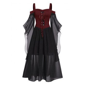 

Plus Size Gothic Dress Contrast Colorblock Lace Up Butterfly Sleeve Mesh Overlay A Line Midi Dress, Red