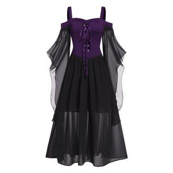 

Plus Size Gothic Dress Contrast Colorblock Lace Up Butterfly Sleeve Mesh Overlay A Line Midi Dress, Concord