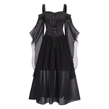 

Plus Size Gothic Dress Contrast Colorblock Lace Up Butterfly Sleeve Mesh Overlay A Line Midi Dress, Black