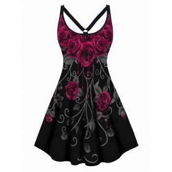 

Plus Size Dress Gothic Dress Leaf Rose Print Cut Out High Waisted A Line Mini Dress, Black
