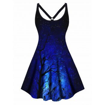 

Plus Size Dress Galaxy Tree Branches Print Cut Out High Waisted A Line Mini Dress, Black