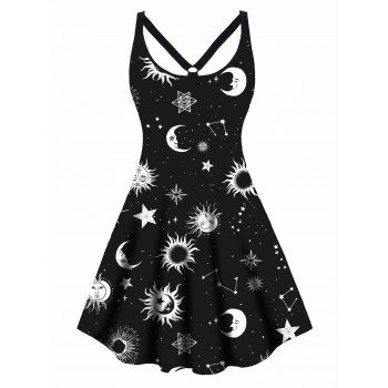 

Plus Size Dress Galaxy Vintage Sun Moon Print Cut Out High Waisted A Line Mini Dress, Black