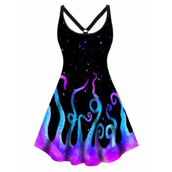 

Plus Size Dress Galaxy Octopus Print Cut Out High Waisted A Line Mini Dress, Black