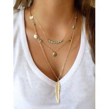Bohemian Necklace Feather Faux Turquoise Layered Necklace