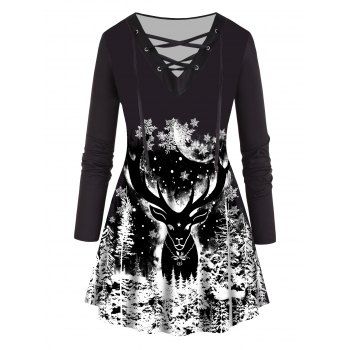 

Plus Size T Shirt Christmas T Shirt Elk Snowflake Full Sleeve Lace Up Long Tee, Black