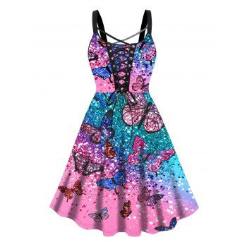 

Plus Size Dress Butterfly Printed Lace Up High Waisted A Line Midi Dress, Multicolor a