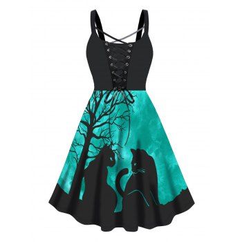 

Plus Size Dress Contrast Colorblock Cat Tree Branches Print Lace Up High Waisted A Line Midi Dress, Black