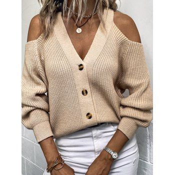 

Textured Sweater Cold Shoulder Sweater Plain Color Long Sleeve Button Up Sweater, Light coffee