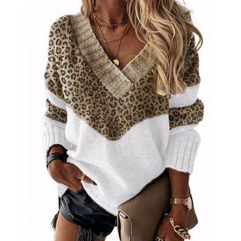 

Colorblock Drop Shoulder Sweater Surplice V Neck Ribbed Hem Casual Sweater, Multicolor a