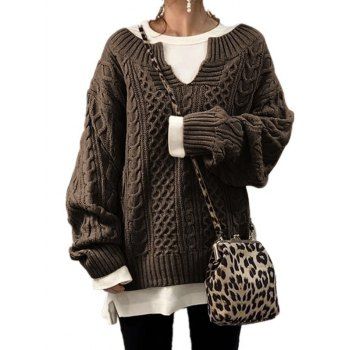 

Cable Knit Drop Shoulder Chunky Sweater Solid Notched Ribbed Hem Loose Pullover Sweater, Deep coffee