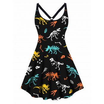 

Plus Size Dress Colored Skeleton Dinosaur Print Cut Out High Waisted A Line Mini Dress, Black