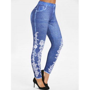 

Plus Size Flower Faux Denim 3D Print Jeggings High Waist Skinny Long Jeggings, Blue