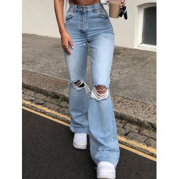 

Ripped Flare Jeans Frayed Hem Zipper Fly Pockets Light Wash Long Jeans, Light blue