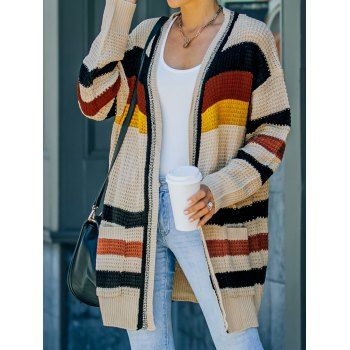 

Colored Striped Pattern Cardigan Patch Pocket Long Sleeve Textured Long Cardigan, Light coffee