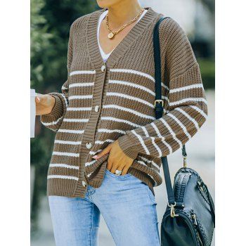 

Striped Pattern Sweater V Neck Long Sleeve Button Up Sweater, Coffee