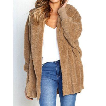 

Fluffy Hooded Coat Plain Color Open Front Long Sleeve Coat, Coffee
