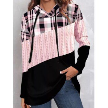 

Plaid Print Panel Colorblock Hoodie Drawstring Textured Knit Hoodie, Light pink