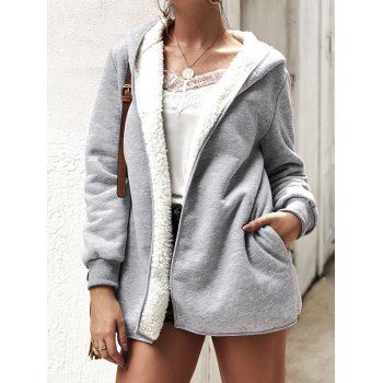 

Heather Hooded Coat Faux Fur Inner Side Pocket Long Sleeve Coat, Gray