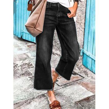 

Dark Wash Jeans Wide Leg Zipper Fly Pockets Frayed Hem Long Casual Denim Pants, Black
