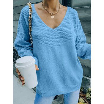 

Drop Shoulder Sweater Solid Color Long Sleeve V Neck Ribbed Hem Sweater, Light blue