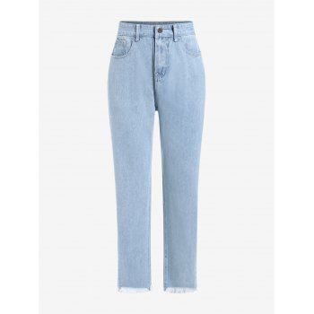 

Frayed Hem High Waisted Plus Size Straight Jeans, Light blue
