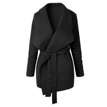 

Plain Color Coat Belted Side Pocket Open Front Long Sleeve Coat, Black