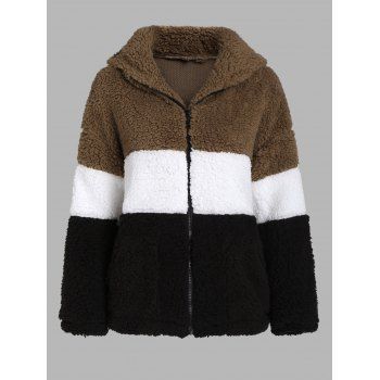 

Colorblock Jacket Faux Fur Zip Up Pockets Hooded Long Sleeve Jacket, Coffee