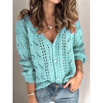 

Hollow Out Textured Snap Button Cardigan Solid Color Drop Shoulder Plunge Cardigan, Blue