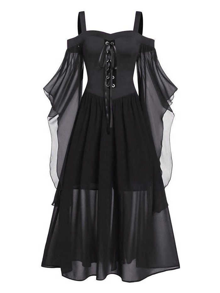 Plus Size Gothic Dress Contrast Colorblock Lace Up Butterfly Sleeve Mesh Overlay A Line Midi Dress - BLACK 5XL
