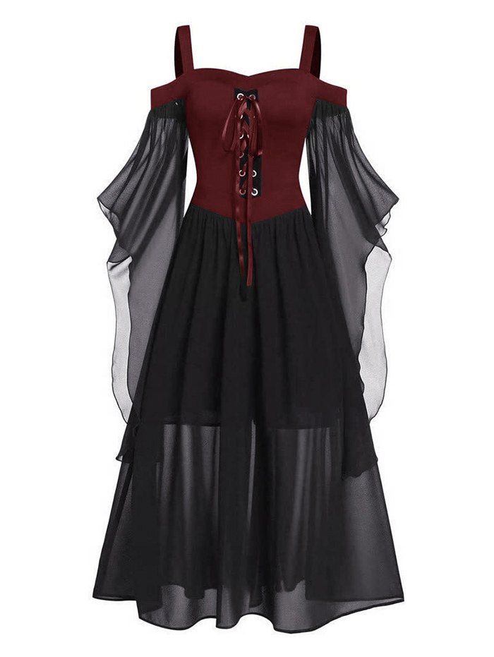 Plus Size Gothic Dress Contrast Colorblock Lace Up Butterfly Sleeve Mesh Overlay A Line Midi Dress - RED 4XL