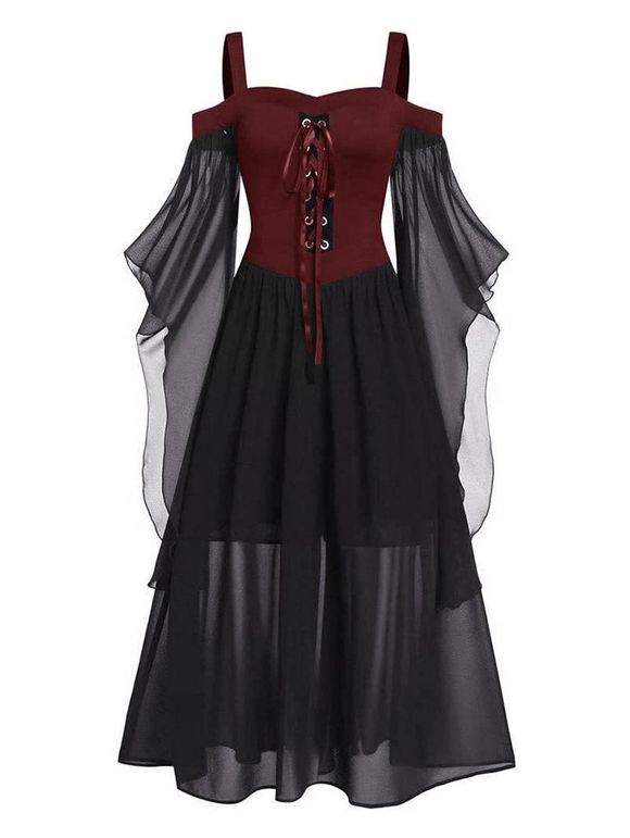 Plus Size Gothic Dress Contrast Colorblock Lace Up Butterfly Sleeve Mesh Overlay A Line Midi Dress - RED 2XL