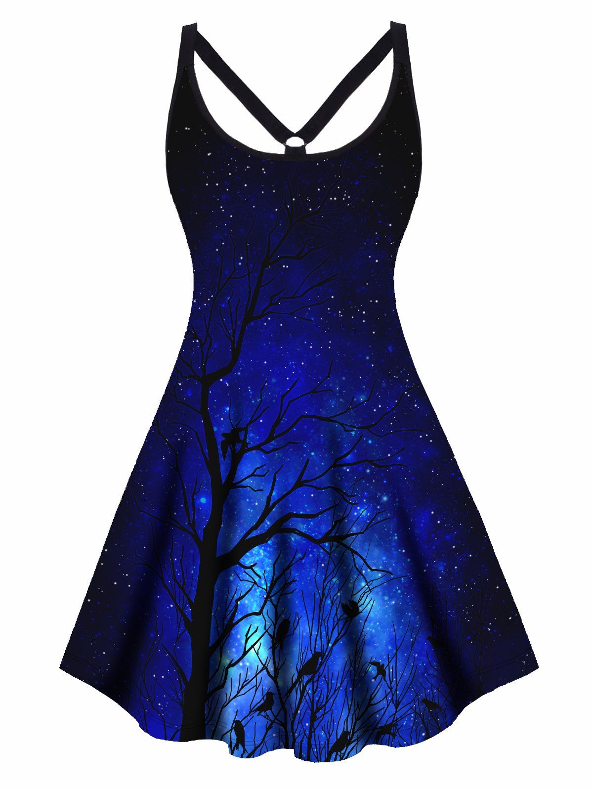 Plus Size Dress Galaxy Tree Branches Print Cut Out High Waisted A Line Mini Dress - BLACK 2X