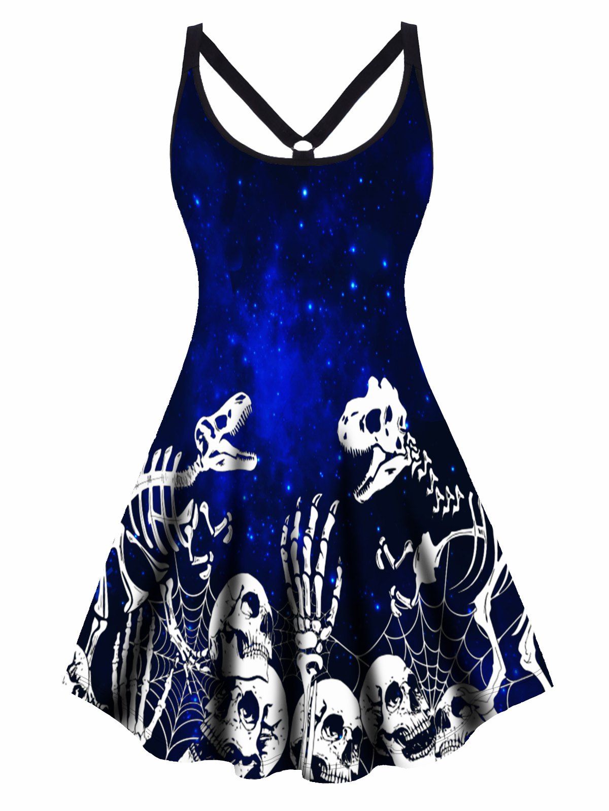 Plus Size Dress Halloween Skull Skeleton Spider Web Galaxy Print Mini Dress Sleeveless Cami Dress - BLACK 5X